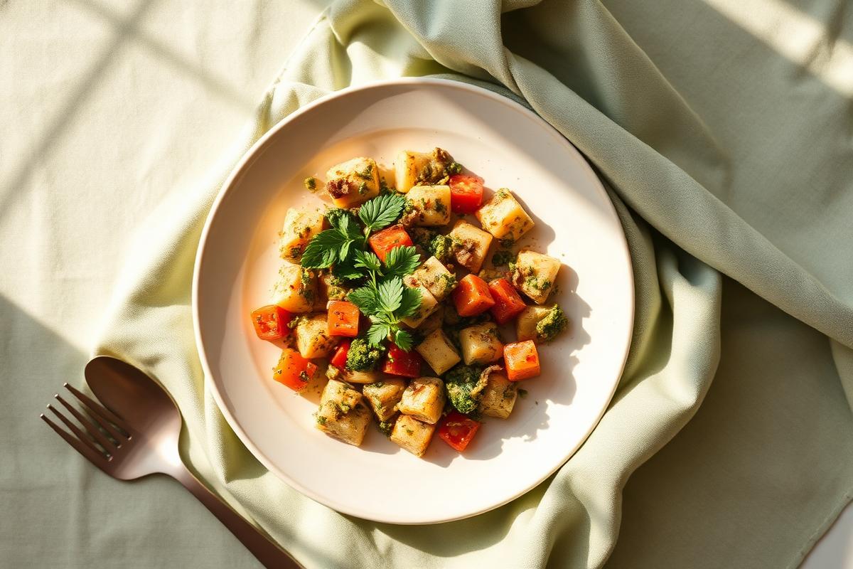 Piatto mediterraneo di verdure e cereali su tovaglia verde salvia